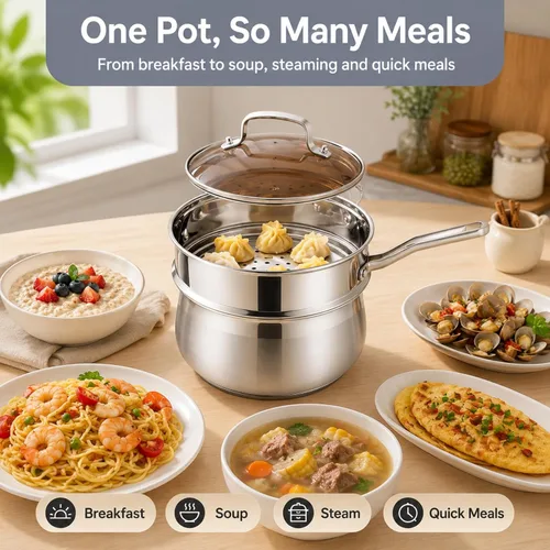 Miniatura 5 de Cacerola de acero inoxidable de 2.5 cuartos de galón con cesta de vapor y tapa de vidrio, olla de sopa pequeña de grado alimenticio de 18/8