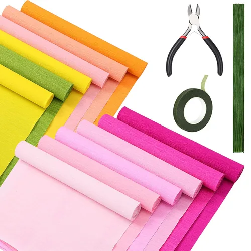Miniatura 9 de Leinuosen Juego de 65 piezas de papel crepé de flores para bricolaje, 12 rollos de 10 x 98 pulgadas, 100 hilos de hierro floral, 1 cortador