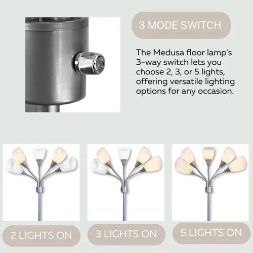 Miniatura 9 de LIGHTACCENTS Lámpara de pie Medusa de 5 luces para dormitorio – Lámpara de pie con múltiples cabezas y 5 pantallas de acrílico blanco, lámpara araña