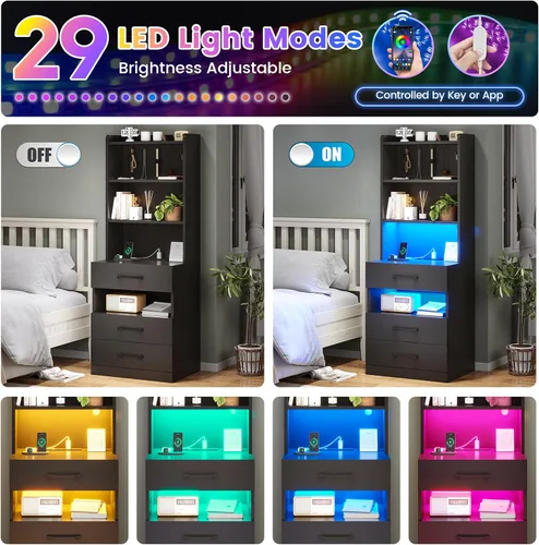 Miniatura 4 de AOGLLATI Mesita de noche alta con estación de carga y luces LED, mesita de noche con 3 cajones y estantes de almacenamiento, mesita de noche