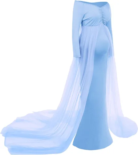 Miniatura 3 de Vestido de maternidad de manga larga con hombros descubiertos para mujer, de tul elegante, ajustado, para baby shower, fotografía, maxi vestido