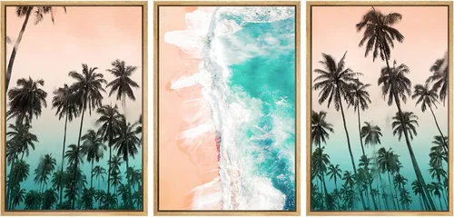 Miniatura 39 de SIGNWIN Lienzo enmarcado para pared, vista aérea de palmeras tropicales en un cielo azul, fotografía del océano costero, arte moderno, panorámico