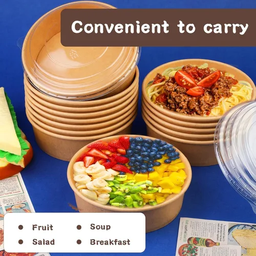 Miniatura 6 de Paquete de 50 cuencos de papel kraft de 17 onzas con tapas, cuencos desechables para sopa caliente, cuencos de papel con tapas, contenedor