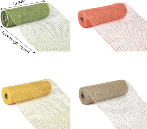 Miniatura 8 de 4 rollos de cinta de malla decorativa de otoño para suministros de fabricación de coronas, 10 pulgadas x 30 pies, cinta metálica de papel