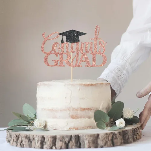 Miniatura 3 de Decoración de pastel de felicitaciones de oro rosa con purpurina – Decoraciones de graduación 2026 – Graduación de escuela secundaria, decoración