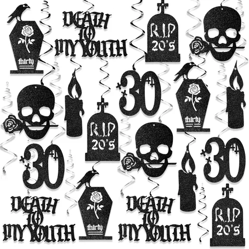 Fuutreo 36 decoraciones de Death to My 20 para cumpleaños de 30 años, diseño de remolinos colgantes de treinta cumpleaños, decoración gótica,