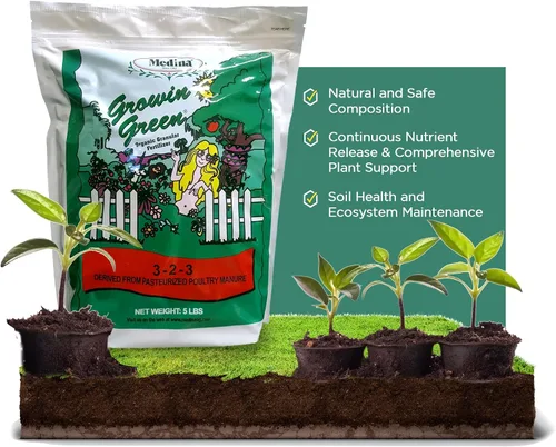 Medina Growin Green Fertilizante granular orgánico – Bolsa de 5 libras – Potenciador de suelo rico en nutrientes 3-2-3 gránulos para jardines