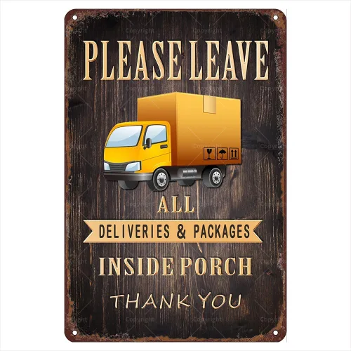 Miniatura 7 de Letreros de lata de metal retro, 12 x 8 pulgadas, letrero de lata vintage con texto en inglés "Do Not Leave Packages Here", divertido arte de pared