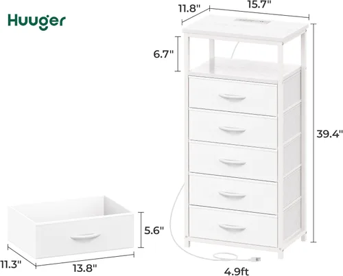 Miniatura 3 de Huuger Cómoda blanca con 5 cajones y estación de carga, cómoda alta para dormitorio, mesita de noche alta con acabado de piel sintética, estante