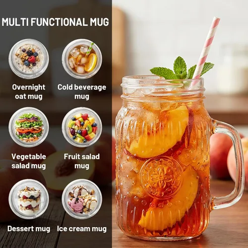 Miniatura 3 de SUT Mason Jar - Vasos para beber con asa, paquete de 6, 16 onzas, tazas de tarro Mason en relieve vintage para café helado, jugo, té y cerveza