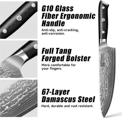 Miniatura 5 de KEEMAKE Cuchillo de chef de Damasco, cuchillo de cocina de 8 pulgadas, cuchillo de damasco de 67 capas, cuchillos de cocina profesionales con núcleo