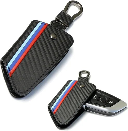 Miniatura 10 de iJDMTOY Emblemático llavero de cuero con patrón de fibra de carbono negro de 3 colores con llavero compatible con el mando a distancia BMW