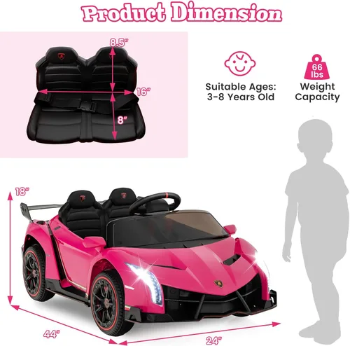 Miniatura 6 de Costzon - Automóvil de paseo rosa Lamborghini para niños, vehículo eléctrico con licencia de 12 V con tracción en las cuatro ruedas, control remoto