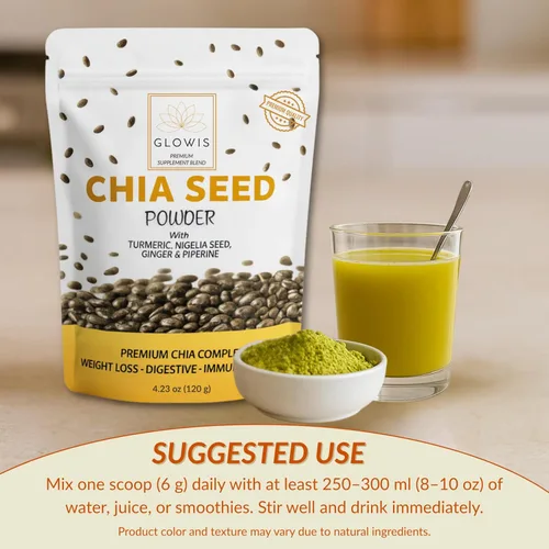 Miniatura 5 de Polvo de semilla de chía orgánica, mezcla de superalimentos 5 en 1 con cúrcuma, jengibre, nigella y pimienta negra, fibra, proteínas y apoyo