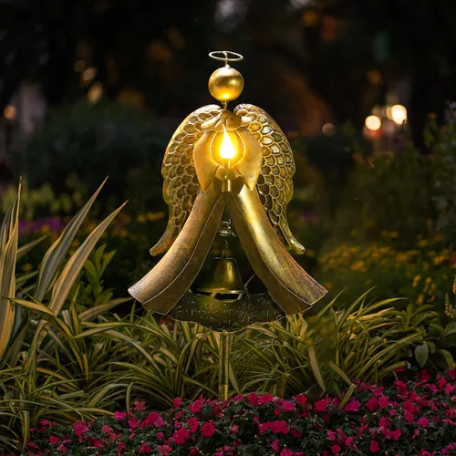 Miniatura 4 de Homight Luz solar de estaca de jardín – Ángel de metal solar cálida estaca luz regalo conmemorativo – Campana de ángel de bronce al aire libre