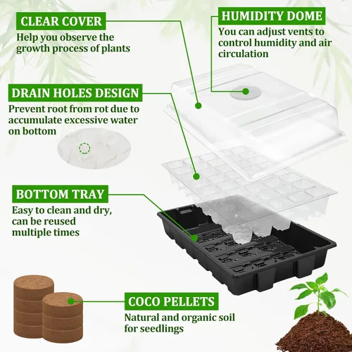 Miniatura 3 de Halatool Paquete de 2 Bandejas Iniciadoras de Semillas con 80 Piezas de Pellets de Coco, Sistema de Germinación de Semillas de Invernadero
