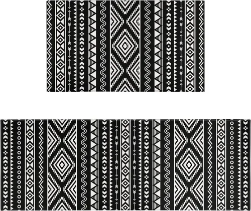 Miniatura 8 de Juego de 2 tapetes de cocina estilo bohemio para cocina, diseño azteca occidental, color negro, antideslizantes, lavables, para el suelo, 2 piezas