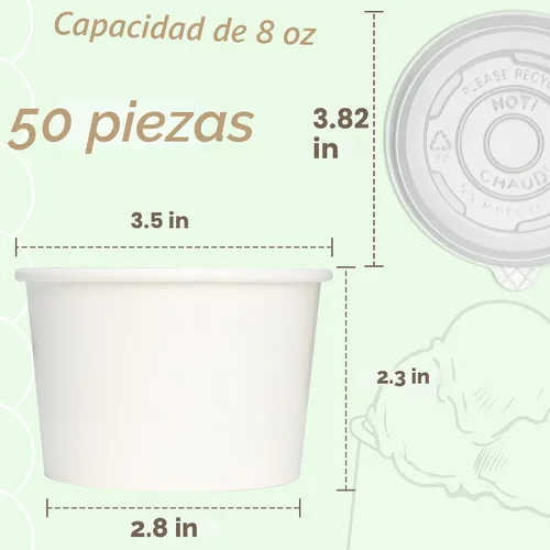 Miniatura 2 de ESSENTIAL Tazas de helado de papel con tapas, 50 piezas de 8 onzas, cuencos desechables de postre con tapas para alimentos calientes o fríos