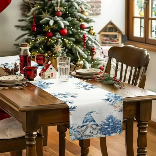 Miniatura 5 de Camino de mesa de hojas de eucalipto, algodón y lino, bufandas de tocador de 48 pulgadas, bayas de Navidad, flores, piñas, gnomos, decoración
