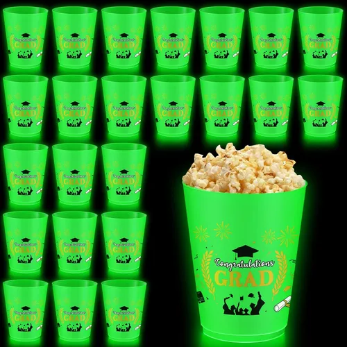 Miniatura 8 de Juego de 24 vasos de plástico esmerilado de 16 onzas que brillan en la oscuridad, vaso verde reutilizable con tréboles, tréboles, duendes, sombrero