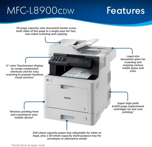 Miniatura 2 de Brother MFC-L8900CDW - Impresora láser inalámbrica todo en uno, color blanco, impresión de fax de escaneo de copia, pantalla táctil LED de 5