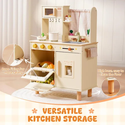 Miniatura 6 de ROBUD Juego de Cocina de Madera para Jugar, Cocina de Juego de Simulación para Niños, Cocina de Juguete con Microondas, Fregadero, Estufa y Máquina