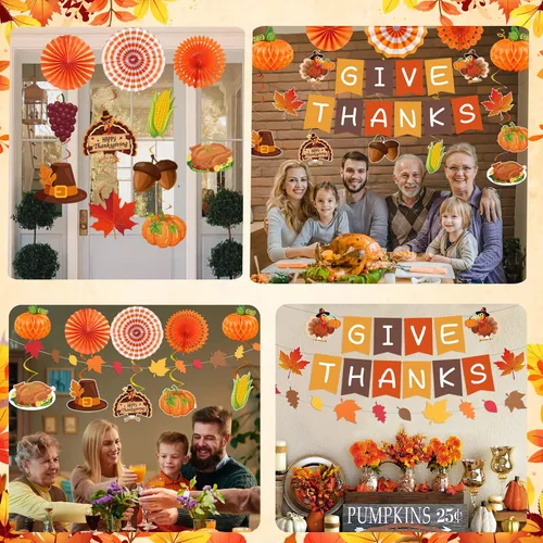 Miniatura 6 de 24 decoraciones de Acción de Gracias, decoraciones de fiesta de Acción de Gracias, incluye pancarta de dar gracias, guirnalda colgante de otoño