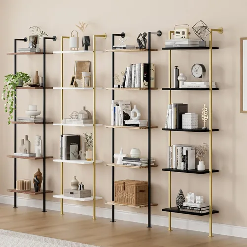 Miniatura 7 de Acovy Estantería de 5 niveles de madera maciza, estante estrecho para libros, estantería de madera, estante de escalera de montaje en pared, estante