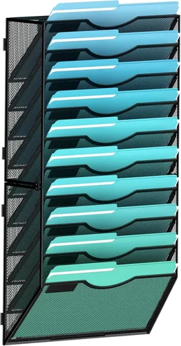 Miniatura 19 de Gawerk Organizador de archivos colgante de 6 niveles, soporte de malla para archivos de pared, estante para carpetas de papel con bandeja plana Negro