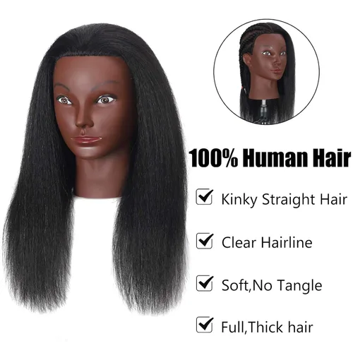Miniatura 2 de Cabeza de maniquí de 16 pulgadas, 100% cabello humano, para peluquería, entrenamiento, trenzar, peinar, cosmetología, maquillaje, práctica