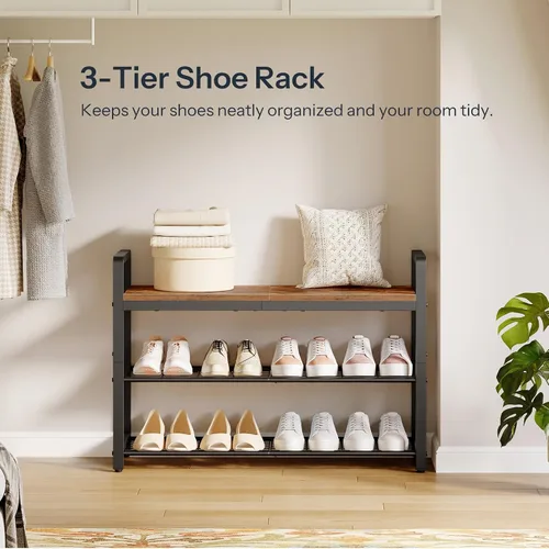 Miniatura 7 de HOOBRO Banco de zapatos para entrada, organizador industrial de almacenamiento de zapatos de 3 niveles con asas superiores y laterales de madera