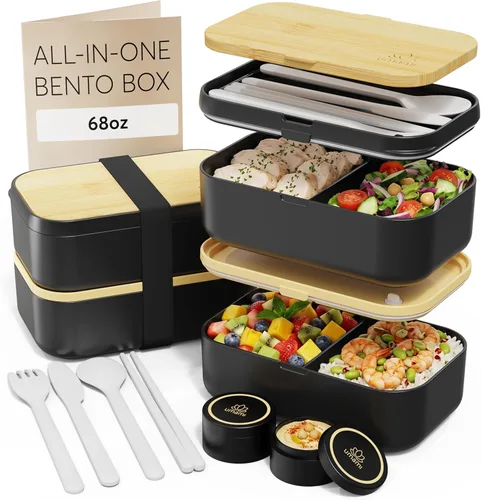 Miniatura 7 de Umami Cajas de almuerzo con 4 utensilios, tarro de salsa, Caja bento apilable que ahorra espacio para adultos, 100% a prueba de fugas, contenedores