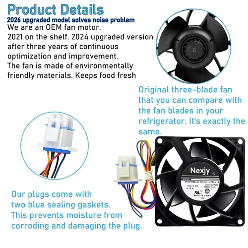 Miniatura 5 de Motor de ventilador evaporador de refrigerador OEM actualizado WR60X26866 2025, compatible con refrigerador GE, reemplaza V80E14MS2A3-57A611 Negro