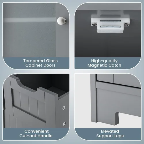 Miniatura 6 de COSTWAY Armario de almacenamiento de baño, organizador de baño independiente con puertas de vidrio, 2 cajones y 2 estantes ajustables, armario alto