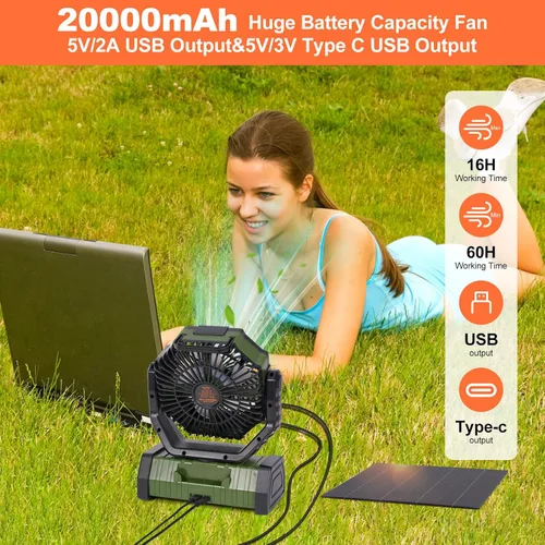 Miniatura 6 de Ventilador solar de campamento de 20000 mAh con panel solar de 10 W, banco de energía solar recargable para exteriores, linterna LED, tienda