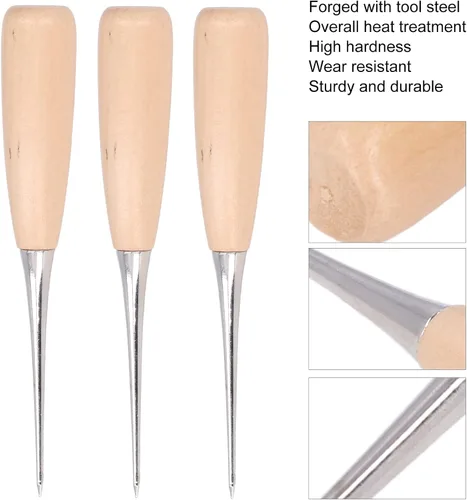 Miniatura 4 de Punzón de cuero para bricolaje, 3 piezas de punzón de cuero con mango de madera, juego de herramientas de perforación de cuero para reparar