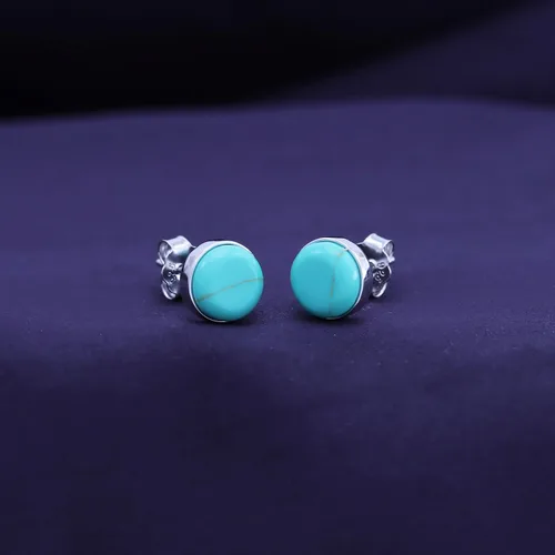 Miniatura 3 de AFFY Juego de bisel de botón de cúpula turquesa para mujer en oro de 14 quilates sobre plata de ley 925, aretes redondos de turquesa para mujeres