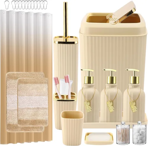 Miniatura 23 de 21PCS Bathroom Sets with Shower Curtain and Rugs Bathroom Accessories Set Beige Bathroom Set Complete with Trash Can, Toilet Brush, Qtip Holder &