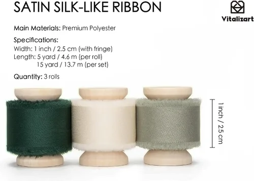 Miniatura 2 de Vitalizart Cinta de satén de seda verde y blanca de 1 pulgada x 15 yardas, carrete de madera hecha a mano, cinta deshilachada para envolver regalos