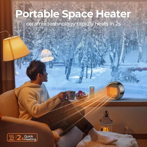 Miniatura 2 de Calentador de espacio ASNUG, calentadores eléctricos portátiles de 500W PTC de cerámica para uso en interiores, calefacción rápida eficiente, Negro