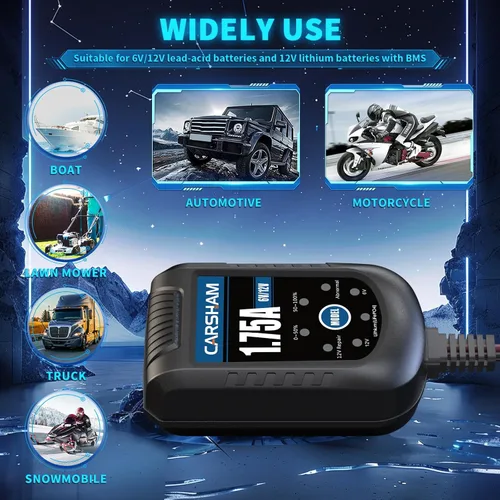 Miniatura 8 de Cargador de batería CARSHAM Trickle de 6 V 12 V, cargador de flotador inteligente, mantenedor automático para automóvil, motocicleta, cortadora