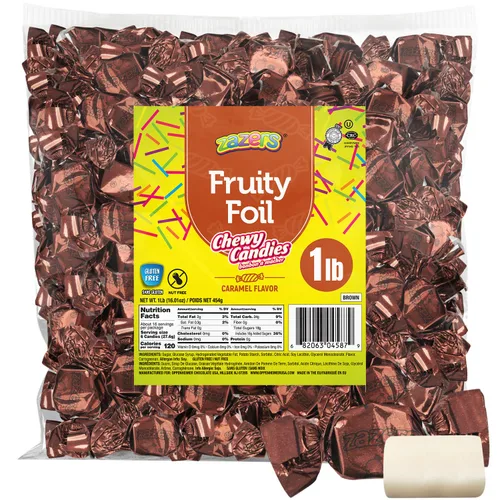Zazers Caramelo masticable de caramelo marrón – Bolsa de 1 libra de caramelo masticable Zazers Fruity Foil – Sabor caramelo, envuelto