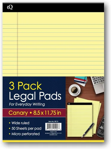 iScholar iQ 98113 - Bloc de notas legales, canario, con rayas anchas, 8.5 x 11.75 pulgadas, 50 hojas por bloc, paquete de 3 almohadillas