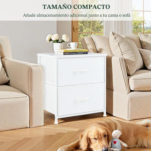 Miniatura 5 de Mesita de noche, pequeña cómoda de 2 cajones mesa auxiliar muebles de cabecera, contenedores de tela con superficie de madera para dormitorio, Blanco