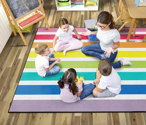 Miniatura 2 de Flagship Carpets Hello Sunshine - Alfombra de área para aula, diseño de rayas de arco iris brillante, para aprendizaje en interiores o dormitorio