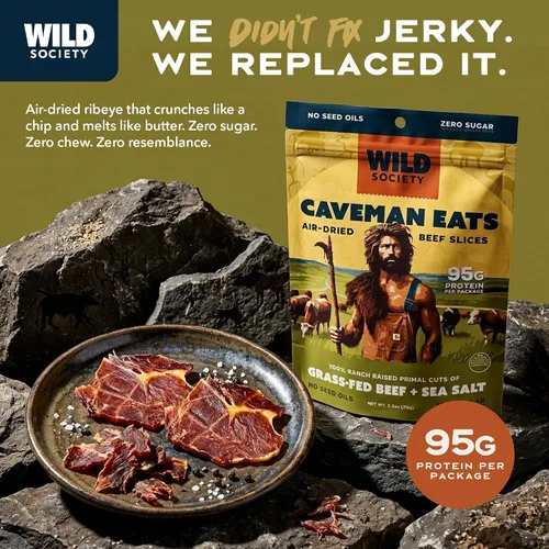 Miniatura 3 de WILD SOCIETY - Caveman Eats - Lonjas de Ribeye Alimentadas con Pasto - 95g de Proteína - Solo Ternera y Sal - 2 Ingredientes - Carne Seca de Res