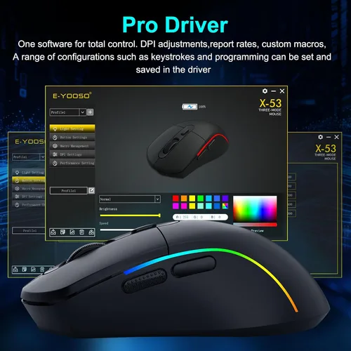 Miniatura 8 de E-YOOSO Mouse inalámbrico para juegos, 10,000 DPI, trimodo de 2.4 GHz/Bluetooth/USB-C con cable, retroiluminación RGB, 6 botones programables, mouse