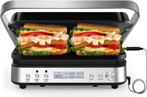 Prensa Panini Parrilla Sandwichera con Platos Extraíbles, 1600W, 5 en 1 Parrilla Interior Sin Humo y Plancha con Termómetro para Carne, Parrillas de