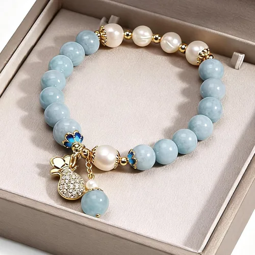 Miniatura 4 de RITIM Pulsera de aguamarina natural para mujer, pulsera de piedra de cristal curativo con perla, energía positiva, regalo de joyería de buena suerte