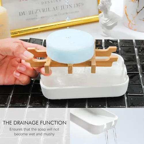 Miniatura 3 de Jaboneras para barra de jabón, soporte de jabón de baño blanco, soporte de jabonera de bambú para ducha de baño, jabonera de lavabo de baño, bandeja
